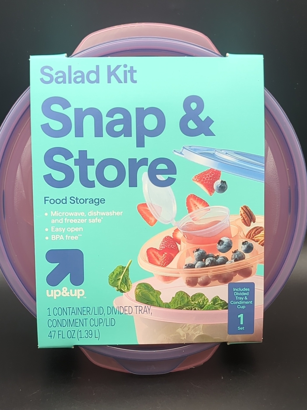 Snap & Store 47 fl oz Salad Container w/Toppings Tray & Dressing Cup w/Lid New